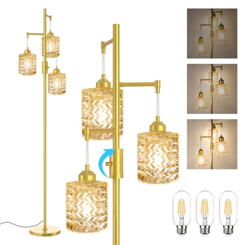 lumenfox Gold Floor Lamp for Living Room, 3-Light Gold Glass Lampshades
