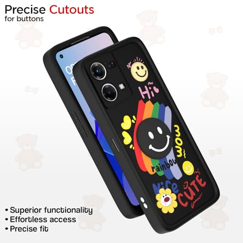 Image of Pikkme Back Cover for Oppo F21 Pro 4G | Soft Silicone| Cute Rainbow Smile & 3D Cartoon Flower Design | Shockproof Raised Camera Protection Bumper Case (Black)