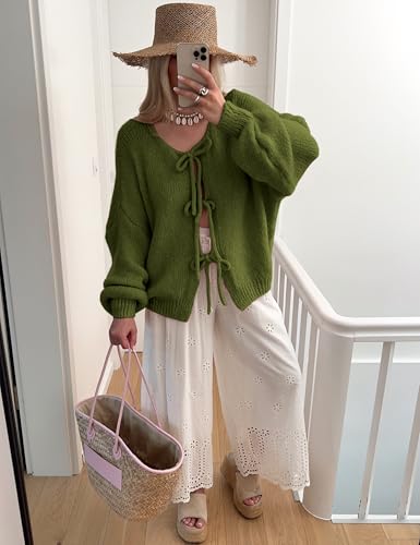 Image of SKIKYAN Women Bowtie Oversized Knit Sweater Cardigan Y2K Long Sleeve V Neck Open Front Casual Knitwears