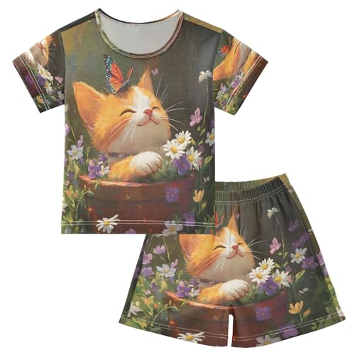 ALAZA Cat Kitten Butterfly Flower Floral Pajamas Set Short Sleeve Cotton Sleepwear Summer Pjs 2 Piece 5-14Y