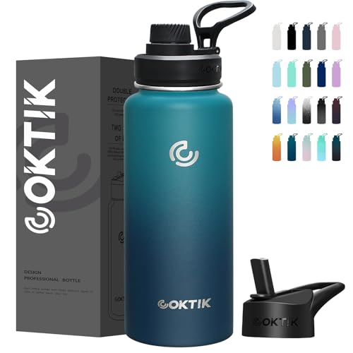 COKTIK Botella de agua aislada de acero inoxidable con popote, 40 onzas, 3 tapas, a prueba de fugas, ligera para senderismo, ciclismo, correr (noche oscura)