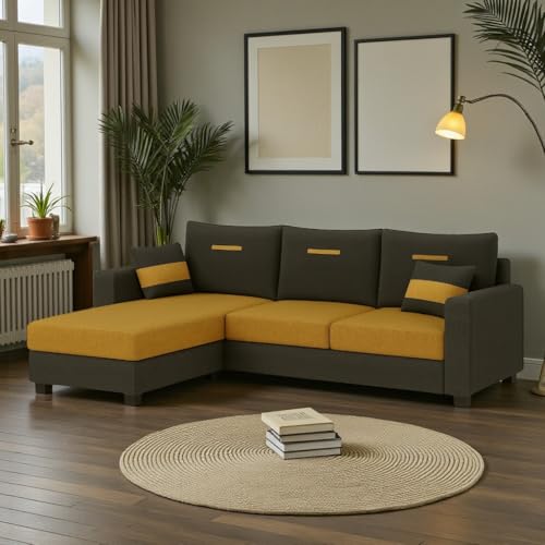 Image of CASASTYLE Dreamon 4 Seater Fabric LHS L Shape Sofa Set (Yellow-Dark Grey) | Velvet Finish | Comfortable Sectional Sofa for Living Room