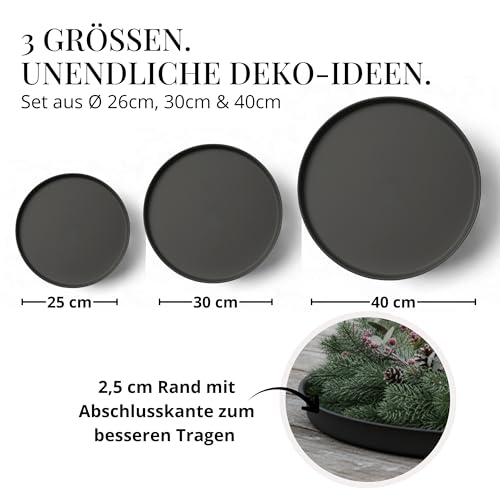 Deko Tablett 3er Set, Serviertablett rund (25 cm, 30 cm, 40 cm), Dekotablett für Adventskranz, Kerzentablett & ganzjährige Deko, Stilvolles Tablett rund Schwarz - Made in Europa