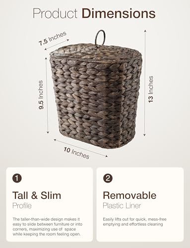 Image of Tidita 1.5 Gallon Wicker Waste Basket with Lid, Removable Liner, Iron Frame | Water Hyacinth Construction, Hand-Woven, Removable Lid, Isolates Odors, Plastic Removable Liner, Iron Frame, Black Color