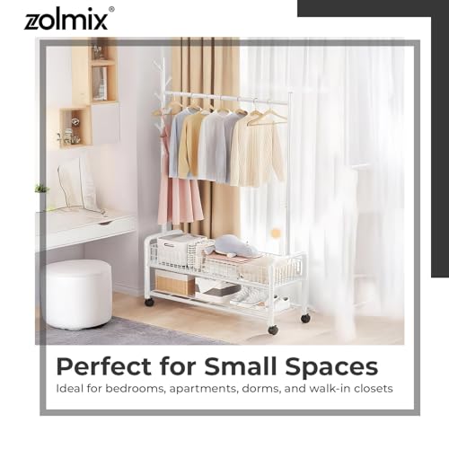 Image of ZOLMIX Metal Garment Rack With Wheels & 2 Bottom Mesh Shelves | Clothes Hanging Stand, Coat Hanger Stand For Home, Cloth Rack For Bedroom, Clothing Rack Organizer For Clothes, Bags & Shoes (white)