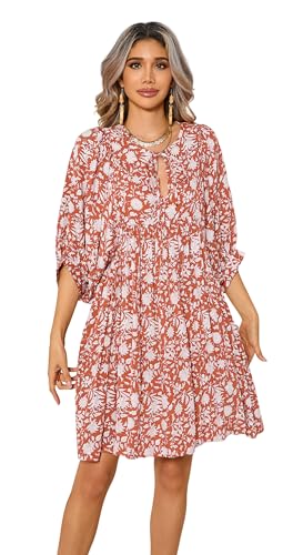 R.Vivimos Women's Summer V Neck Casual Dresses Lantern Sleeve Boho Floral Print Loose Flowy Mini Dress