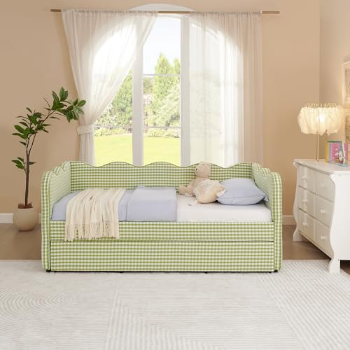 Image of KEIKI Twin Size Upholstery Daybed with Trundle and USB, Twin to King Design Adorable Wave Shaped Extendable Linen Sofa Bed, Easy Assembly, No Box Spring Required, for Living Room and Bedroom, Green
