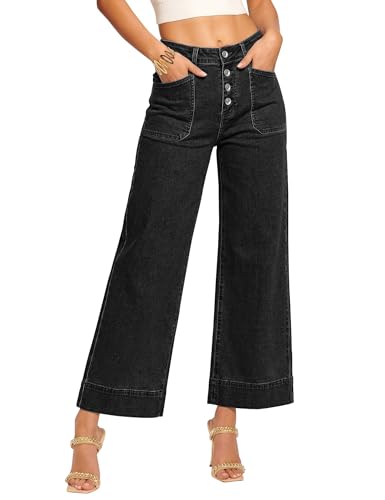 luvamia Cropped Wide Leg Jeans for Women High Waisted Button Fly Baggy Denim Pants Trendy Wide Leg Jeans Women Washed Black Size XX-Large US 20 to 22