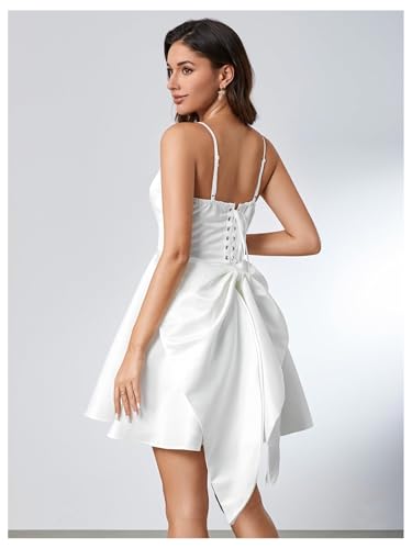 Image of WDIRARA Women's Satin Bow Homecoming Dresses Spaghetti Strap Wedding Guest Gown Summer Mini Dress