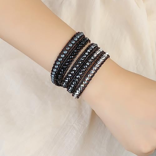 Kelitch Crystal Pearl Mix Beads 5 Wrap Bracelet Leather Cuff Bracelet Handmade Adjustable Fashion Jewelry For Women #TOP4