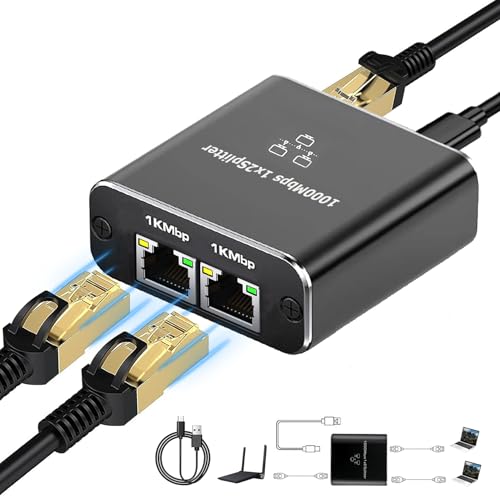 Pushua Gigabit Ethernet Splitter 1 to 2 High Speed, 1000Mbps Internet Splitter 1 in 2 Out, LAN with USB Power Cable, RJ45 for Cat5/5e/6/7/8 Cable(2 Devices Simultaneously Networking)