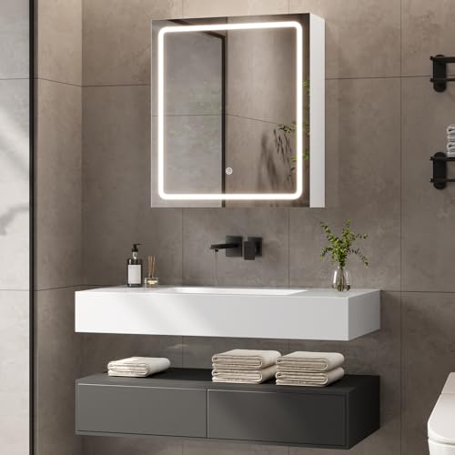 KIMENICH Bathroom Wall-Mounted Mirror Cabinet with Led Lights, Adjustable Shelf, LED Bathroom Cabinet with Mirror, 3 Colour Temperature Dimmable, Touch Sensor Switch, 50X60X16 cm, White