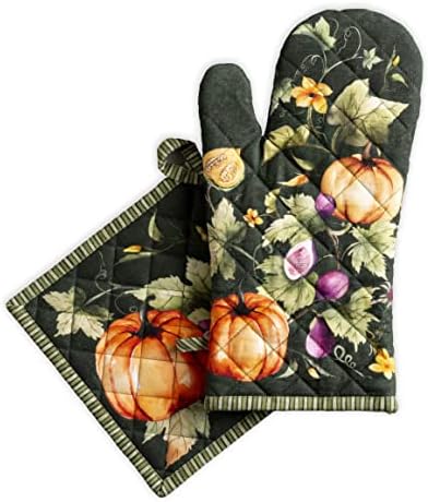 Maison d' Hermine Oven Mitt + Pot Holder 100% Cotton Kitchen Oven Gloives (7.5"x13") & Hot Pads (8"x8") for Gifts, Chef, Women & Men, Pumpkin Garden - Dark Green - Thanksgiving/Christmas
