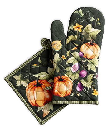 Maison D' Hermine Oven Mitt + Pot Holder 100% Cotton Kitchen Oven Gloives (7.5"X13") & Hot Pads (8"X8") For Gifts, Chef, Women & Men, Pumpkin Garden - Dark Green - Thanksgiving/Christmas #TOP3