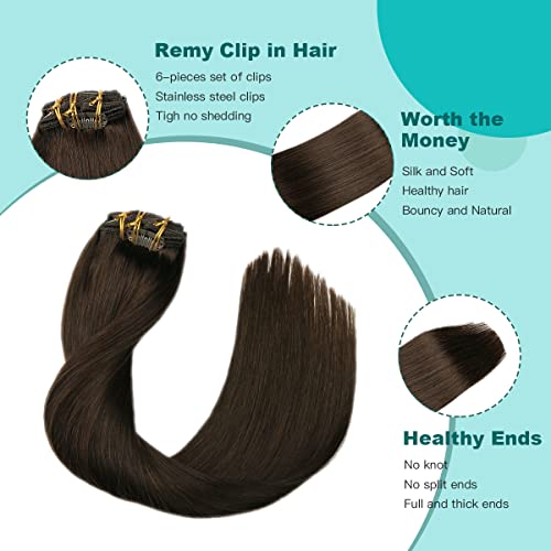 SURNEL Hair Extensions Clip in Real Human Hair 14inch 55cm #2 Dark Brown Thick Soft 6 Pcs Straight Human Hair Clip in Extensions Full Head Double Weft 100 Grams (C#2 - Image 4