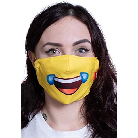 Protective Face Mask; OFFICIAL EMOJI Face Masks Cry Laugh - Reusable mask - Washable mask - Unisex - 2-layer Cotton - Fun facemask - Printed design - adjustable Ear Straps for Comfort Cover
