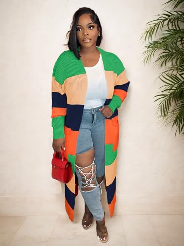 Nimsruc Long Cardigan Sweaters for Women Patchwork Open Front Knit Sweater2