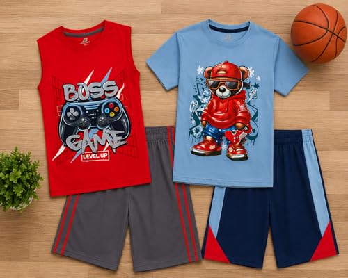 Image of Pro Athlete Boys Short Sets - 4 Piece Performance Graphic Tees and Tank Tops with Matching Boys Athletic Shorts (Sizes: 8-16)