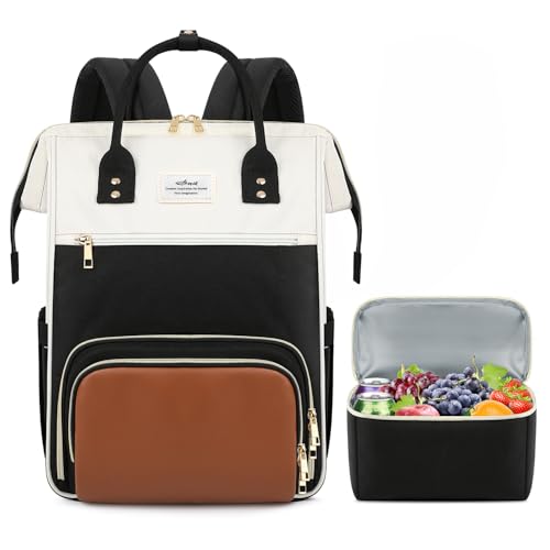 ETRONIK Lunch Backpack, 17.3 Inch Laptop Backpack, Stylish Nurse, Teacher Work Bag with Insulated Cooler Lunch Box for Women Men/Travel, Black-Beige-Brown