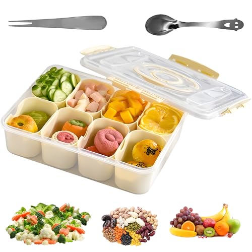 Primique 8-Compartment Divided Serving Tray with Airtight Lid – Spoon & Fork Included – Multi-Compartment Kitchen Food Storage Snack Box Container for Fruits, Vegetables, Kitchen Storage
