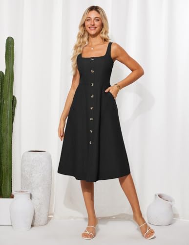 Image of GRACE KARIN Women's Summer Dress 2025 Casual Square Neck Flattering A-Line Button Down Midi Tank Sundress with Pockets