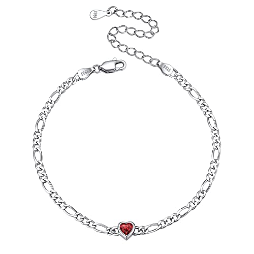 ChicSilver 925 Sterling Silver Heart/Round Birthstone Figaro Chain Bracelet for Women Mothers Day Birthday Jewelry Gifts Heart January