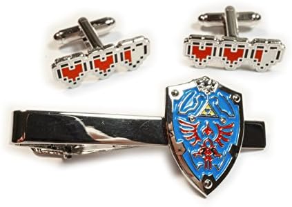 Legend of Zelda Hylian Triforce Mini Shield TIE BAR CLIP & Heart Life CUFFLINKS SET