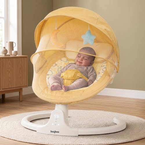 Image of Baybee Lullabies Electric Baby Cradle and Swing | Baby Swing Jhula with Adjustable Swings Speed & Recline | Rocker for Babies with Mosquito Net, Safety Belt & Music Cradle for New Born Baby (Yellow)