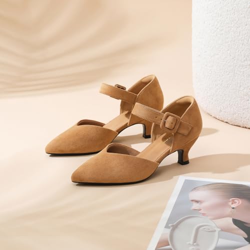 Image of RIBONGZ Comfortable Kitten Heels for Women Pointed Closed Toe Ankle Strap Buckle Heels Slip on Low Heel Church Pumps Wedding Bridal Party Dressy Shoes