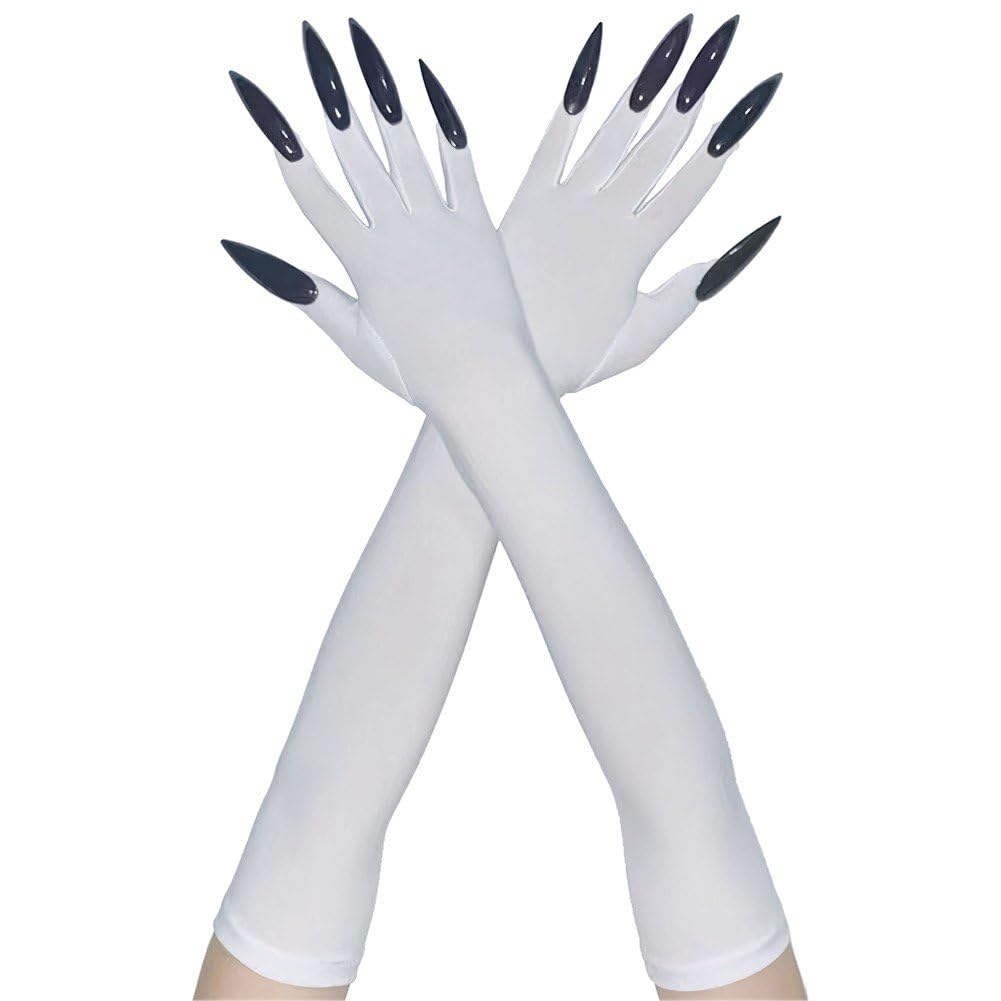 Casiler White Halloween Gloves With Long Nails Cosplay Claw Paw Mitts Pointed Fingernails Elbow Length Gloves Hand Mittens For Fancy Dress