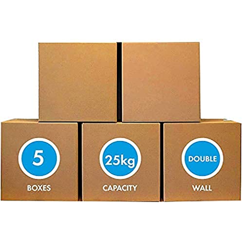 MARKQ [5 Pack] Medium Double Wall 100% Recyclable Corrugated Cardboard Moving Boxes with 25 KG Capacity 45 x 45 x 45 cm Brown Carton for Packaging Shipping and Storage 5 ply