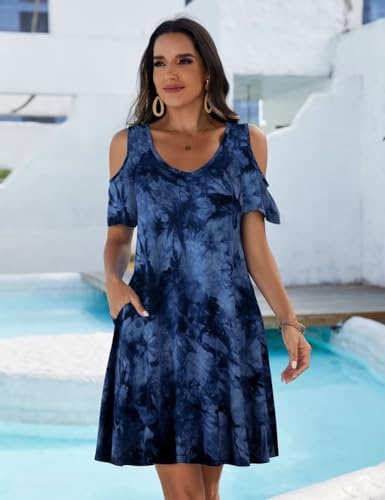 Image of JollieLovin Womens Plus Size Short Sleeve Cold Shoulder V Neck T-Shirt Dress with Pockets
