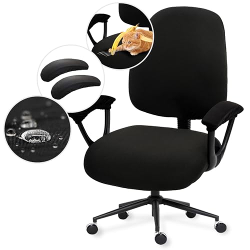 Image of Water-resistant Stretchable Desk Office Chair Seat Covers with Armrest Covers Universal Spandex Computer Chair Slipcover - Rotating Backrest Coverings & Cushion Protectors for Pets, Black