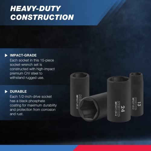 Neiko 02474A 1/2" Impact Socket Set, 15 Piece Metric Socket Set 10-24 Mm, Deep Sockets, 6 Point, 1/2” Drive Sockets For 1/2" Impact Wrench, Chrome Vanadium Cr-V #TOP1