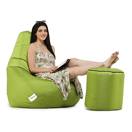 Image of SATTVA All Weather /Outdoor Combo Classic Bean Bag Cover with Round Footstool Cover (Without Beans) Green Colour, Size- XXL