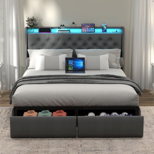 Bellemave Queen Size Platform Bed with Storage Headboard & 2 Drawers, Upholstered Queen Bed Frame with LED Lights & Charging Station, Noise-Free, Grey