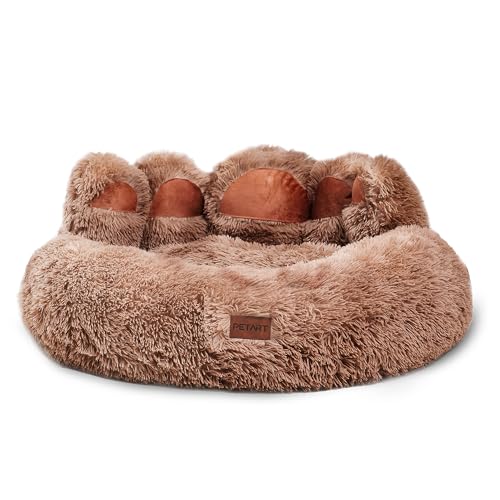 PETART Hundebett Bärenpfoten – Gemütliches Rundes Katzenbett für kleine bis mittelgroße Hunde und Katzen, Weiches Flauschiges Kunstfell-Hundebett (Khaki, XS-50cm)