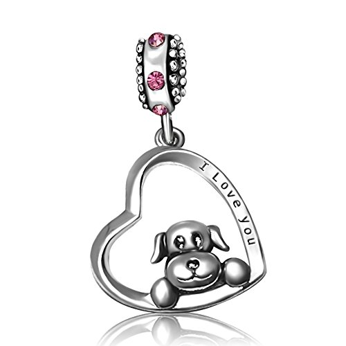KunBead Daughter Mother Puppy Dog Love Heart Pink Crystal Beads Charms for Snake Chain Bracelets