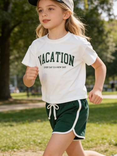 Image of Girls 6 Piece Outfits Letter Print Vacation Tee Top and Dolphin Shorts Tracksuit Sets for Kids Sports, Casual, Dance