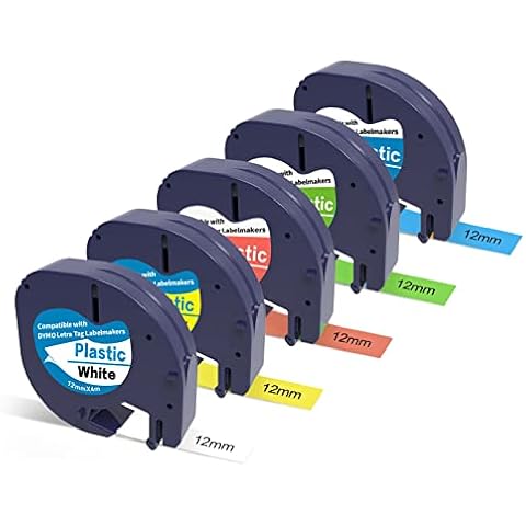 5 Pack Colored Label Replacement for Dymo LetraTag Refills Plastic Compatible with Dymo LetraTag LT-100H LT-100T LT-110T QX50 XR XM 2000, Black on White/Red/Yellow/Green/Blue, 12mm x 4m 1/2" x 13' Cover