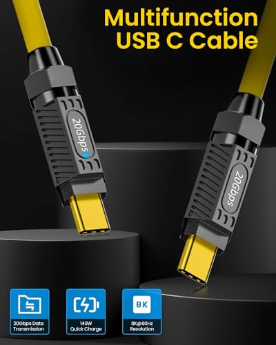 Image of Verilux Usb C To Usb C Cable 140W Usb 3.1 Type C Charging Cable,Fast Charging 20Gbps Usb Type C Charger Cord,With Led Light,Support 8K@60Hz For Macbook Pro,3.3Ft,Yellow
