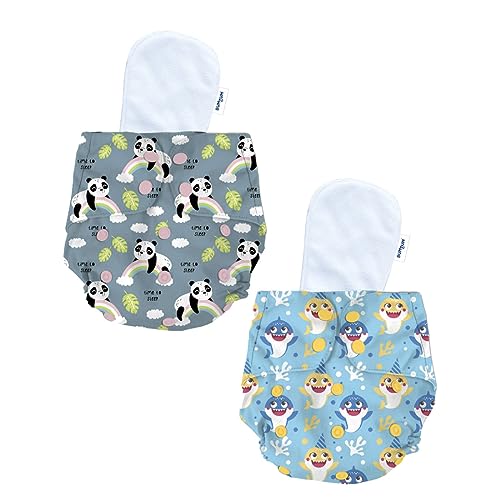 Image of Bumtum Baby Diaper | 0-3 Yrs Baby Freesize | Pack of 2, New Born, Cloth Diaper, Waterproof Reusable Diaper, 5hrs Absorbency, Washable, Cotton Soaker, Extra Soft (Shark & Panda)