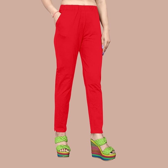 Image of Women's Solid Cotton Lycra Pants-High Waist Slim Fit Stretchable Leggings - Comfortable Long Trousers for Casual, Office & Everyday Wear