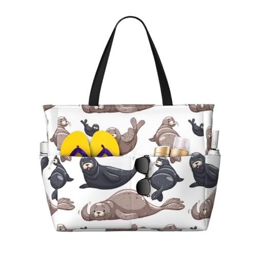 Sac de plage grand fourre-tout pour femme imprimé lion de mer et phoque
