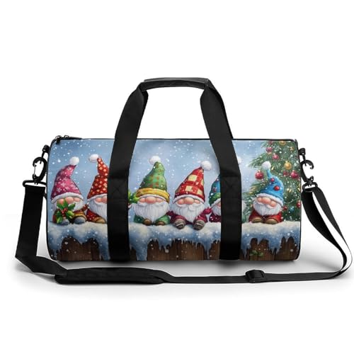 Christmas Gnomes Sitting on Wooden Fence Travel Gym Bag for Women Men Colorful Checkered Hats Cylindrical Duffle Bag Sport Workout Bag with Shoulder Strap