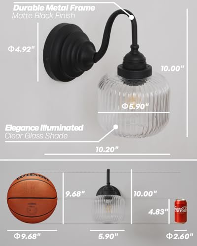 Image of Vintage Industrial Wall Sconce Lighting with Clear Striped Glass Shade, Hardwired Wall Vanity Light Fixture for Bathroom Kitchen Living Room Bedroom Hallway