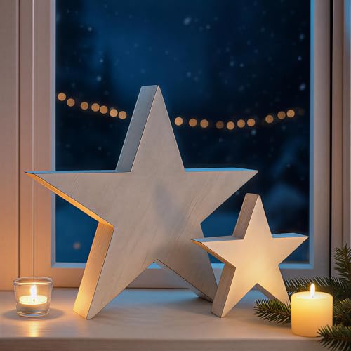 Dekoleidenschaft 2X Dekofigur Stern Shabby aus Holz, weiß, Ø 20 + 35...