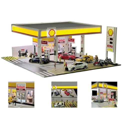 1/64 Shell Gas Station Display Case Gas Station DIY Miniature Model for Adults with LED Effects, Support Customizable and Expandable (1 Cars & 1 Figure Included)