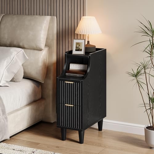 Image of Fluted Nightstands Set of 2,Narrow Bedside Table with 2 Drawers & Storage, Farmhouse Walnut End Table Modern Side Table for Bedroom Livingroom Sofa Office, Small Space