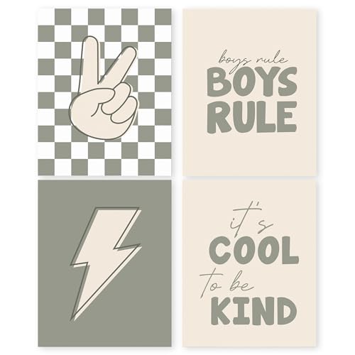 Image of HRQKO It’s Cool to be Kind Wall Art Poster Prints Set of 4, Boys Room Wall Decor, Preppy Checkered Artwork Printing Posters Wall Decor, Lightning Bolt Decor Prints for Boys Nursery 8”x10” Unframed